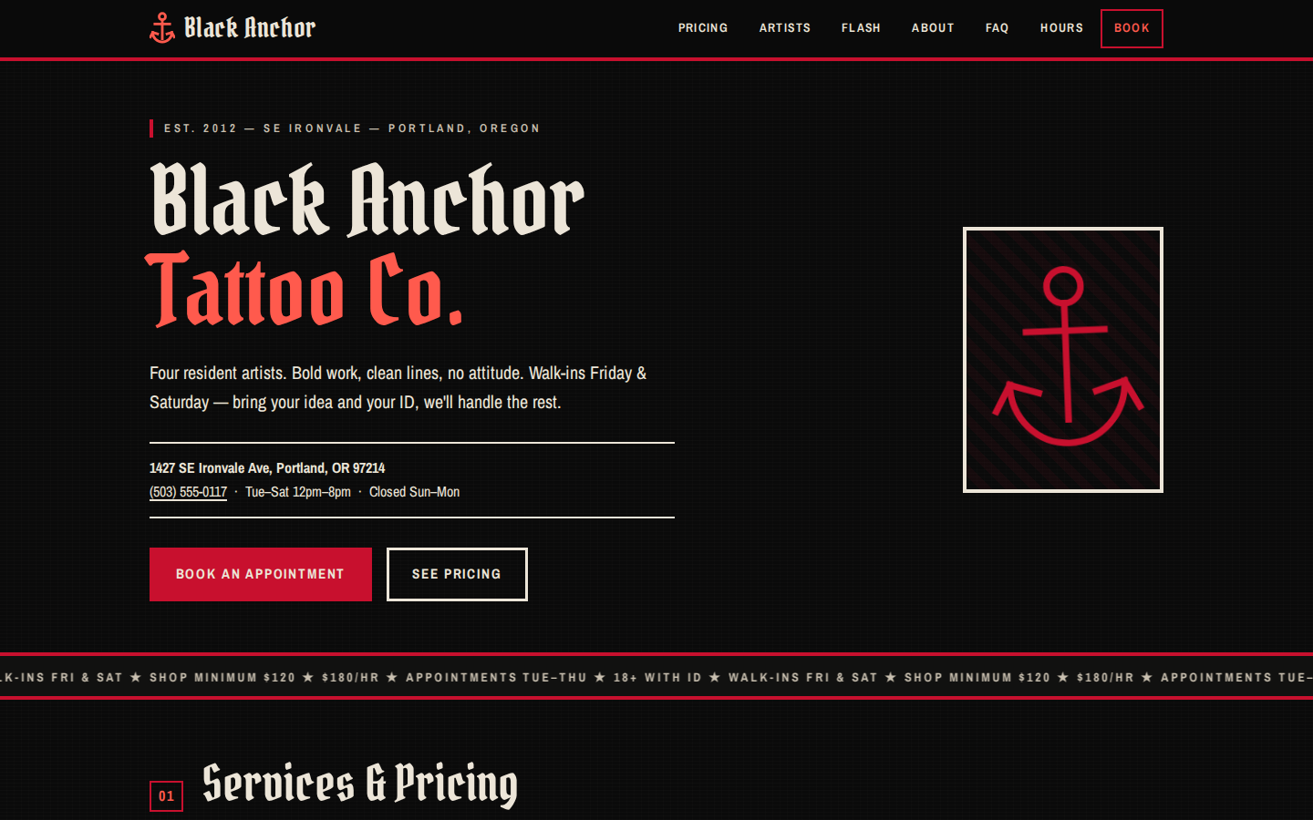 Screenshot of Black Anchor Tattoo Co. website demo