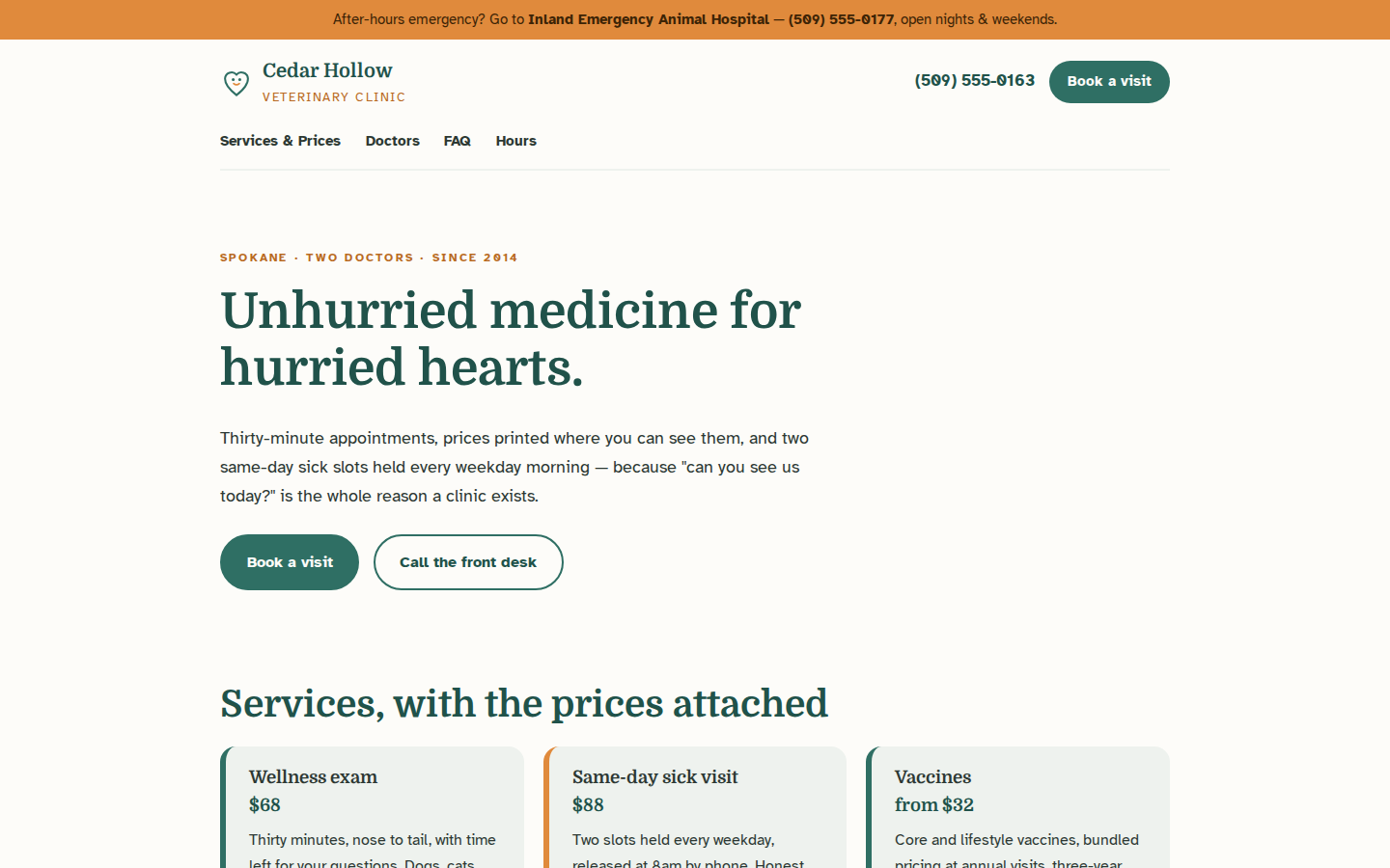 Screenshot of Cedar Hollow Veterinary Clinic website demo