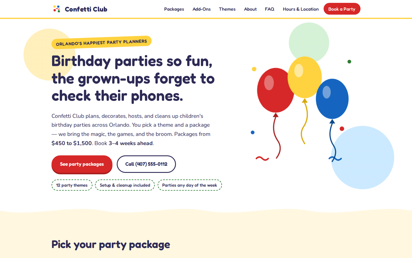 Screenshot of Confetti Club website demo