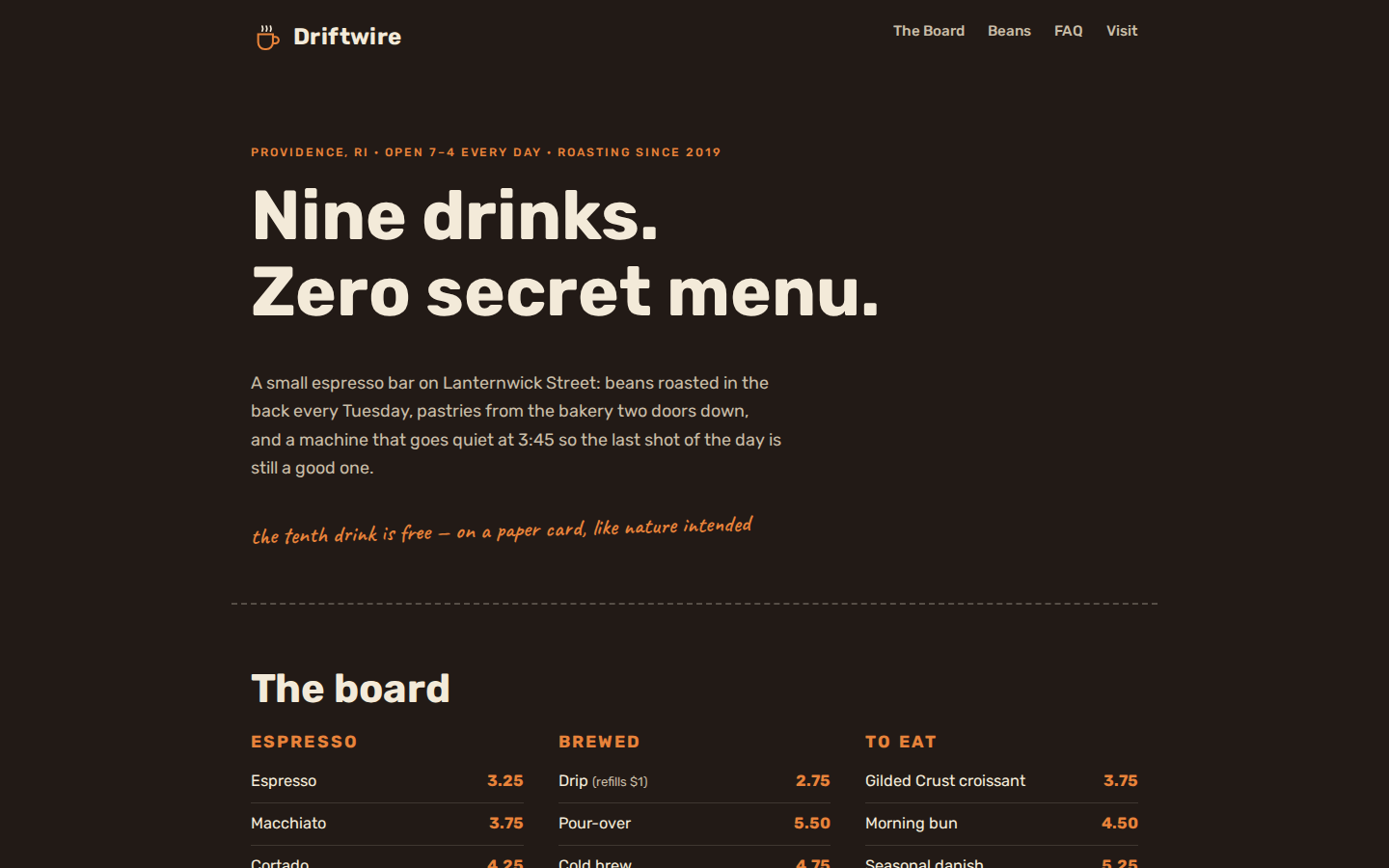 Screenshot of Driftwire Coffee website demo
