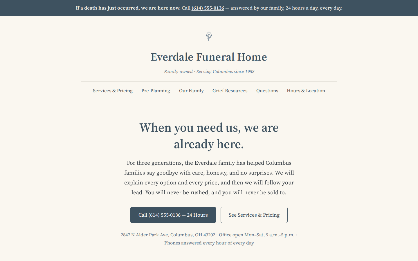 Screenshot of Everdale Funeral Home website demo