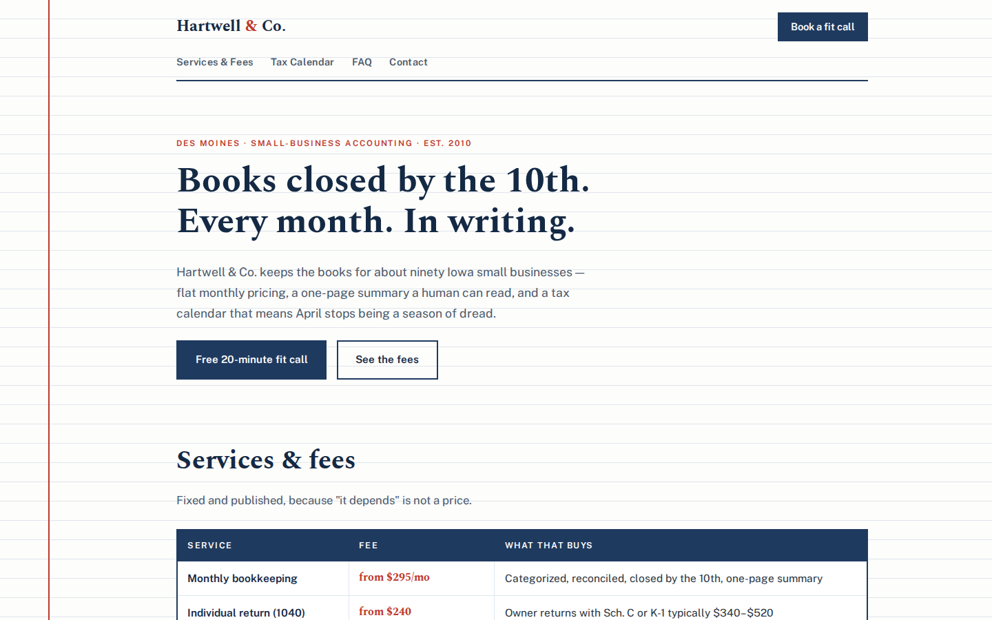 Screenshot of Hartwell & Co. website demo