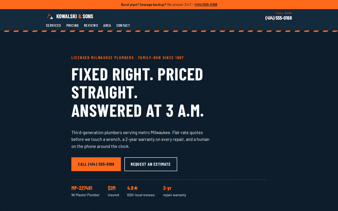 Screenshot of Kowalski & Sons Plumbing website demo
