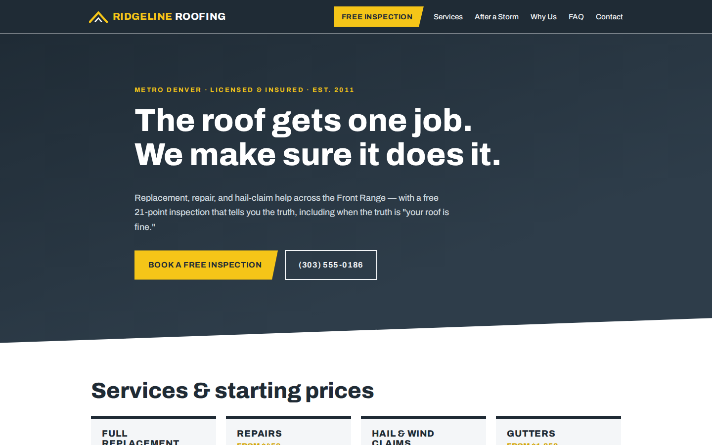 Screenshot of Ridgeline Roofing website demo