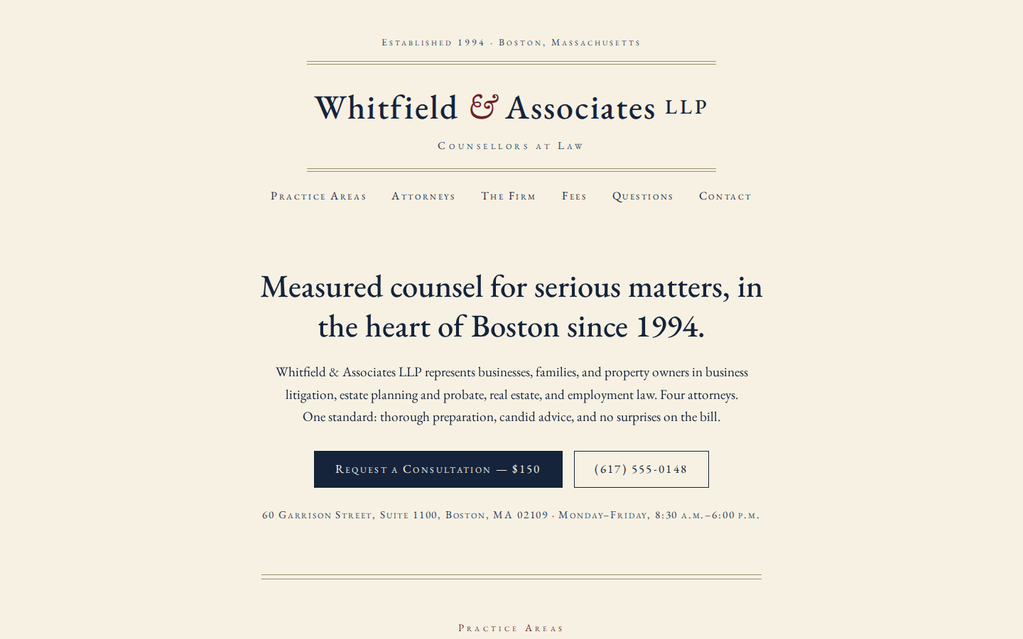 Screenshot of Whitfield & Associates LLP website demo