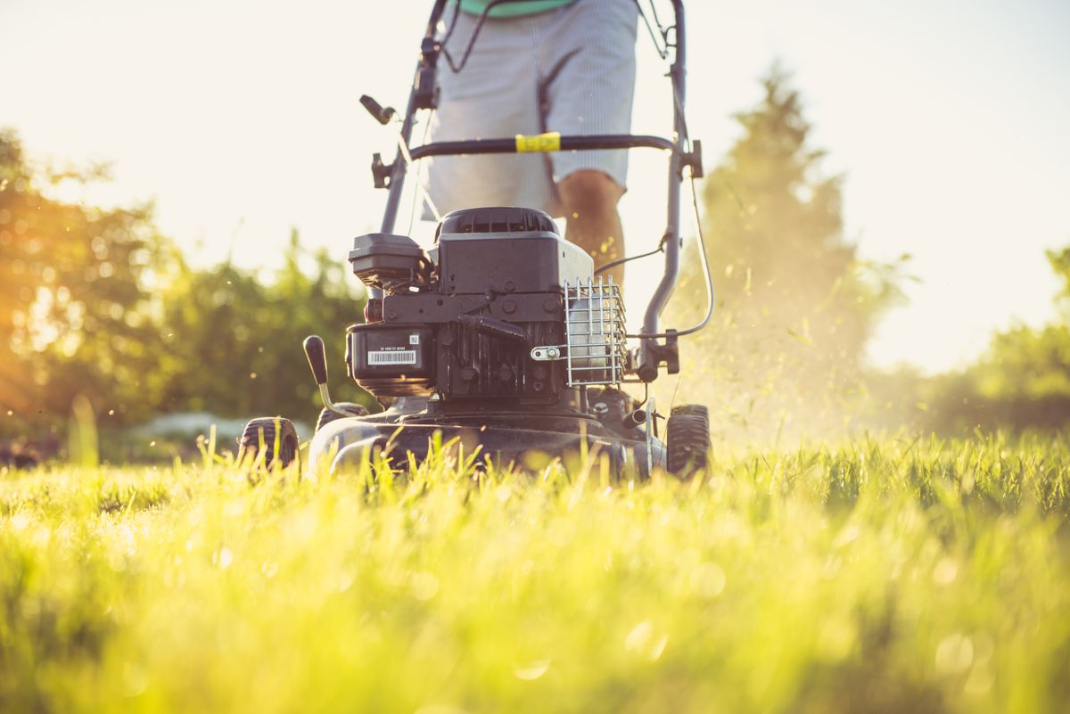 A crew member mowing a wide open lawn on a summer morning